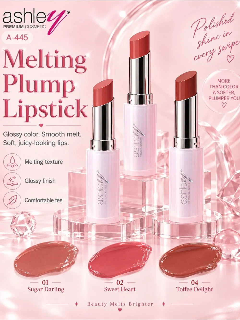 Ashley A-445 Melting Plump Lipstick 02 Sweet Heart | Thai T-Beauty